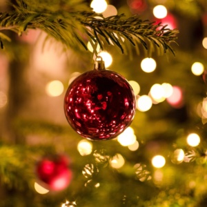 red baubles on green pine tree